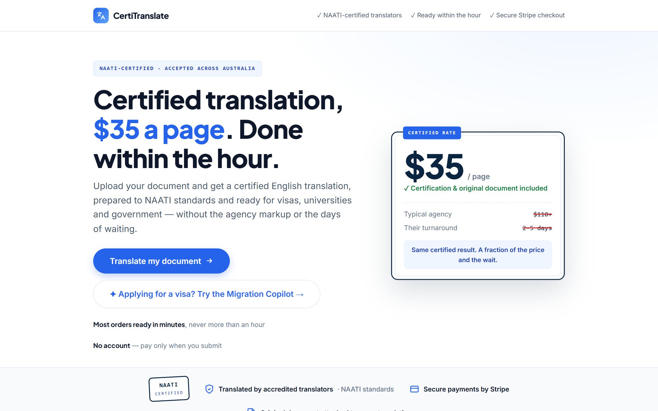 CertiTranslate homepage showing certified document translation service