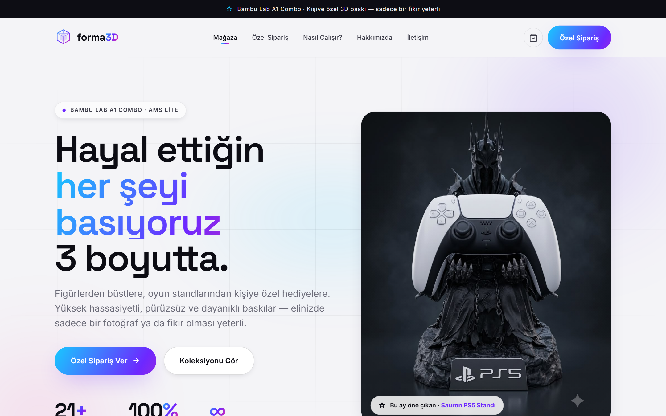 forma3D custom Shopify theme hero with 3D printed PS5 controller stand