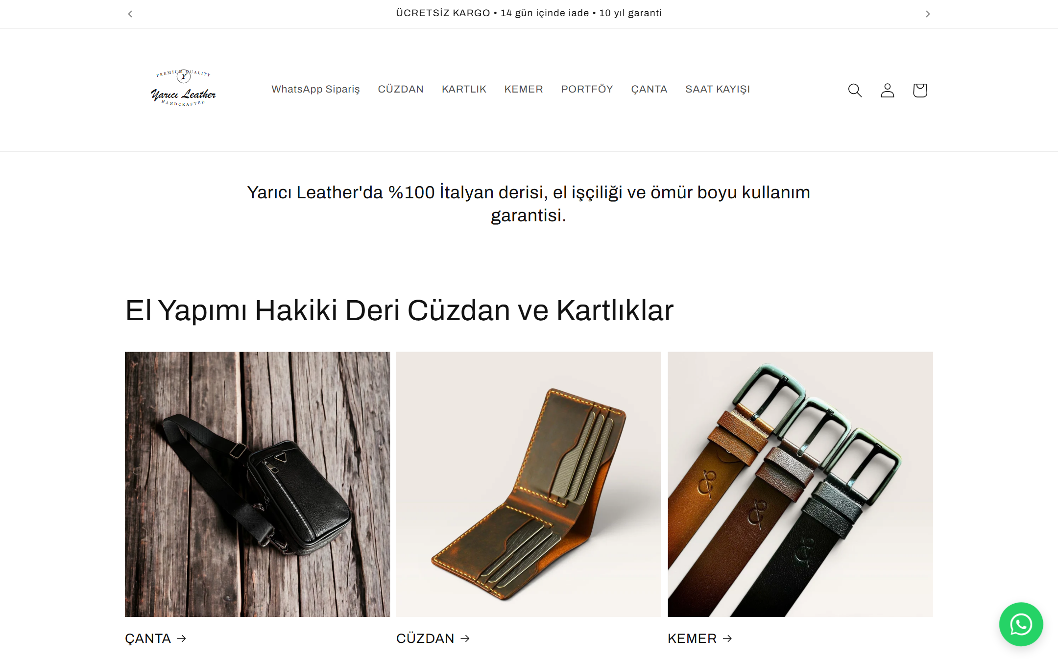 Yarıcı Leather Shopify store homepage with handcrafted leather product collections